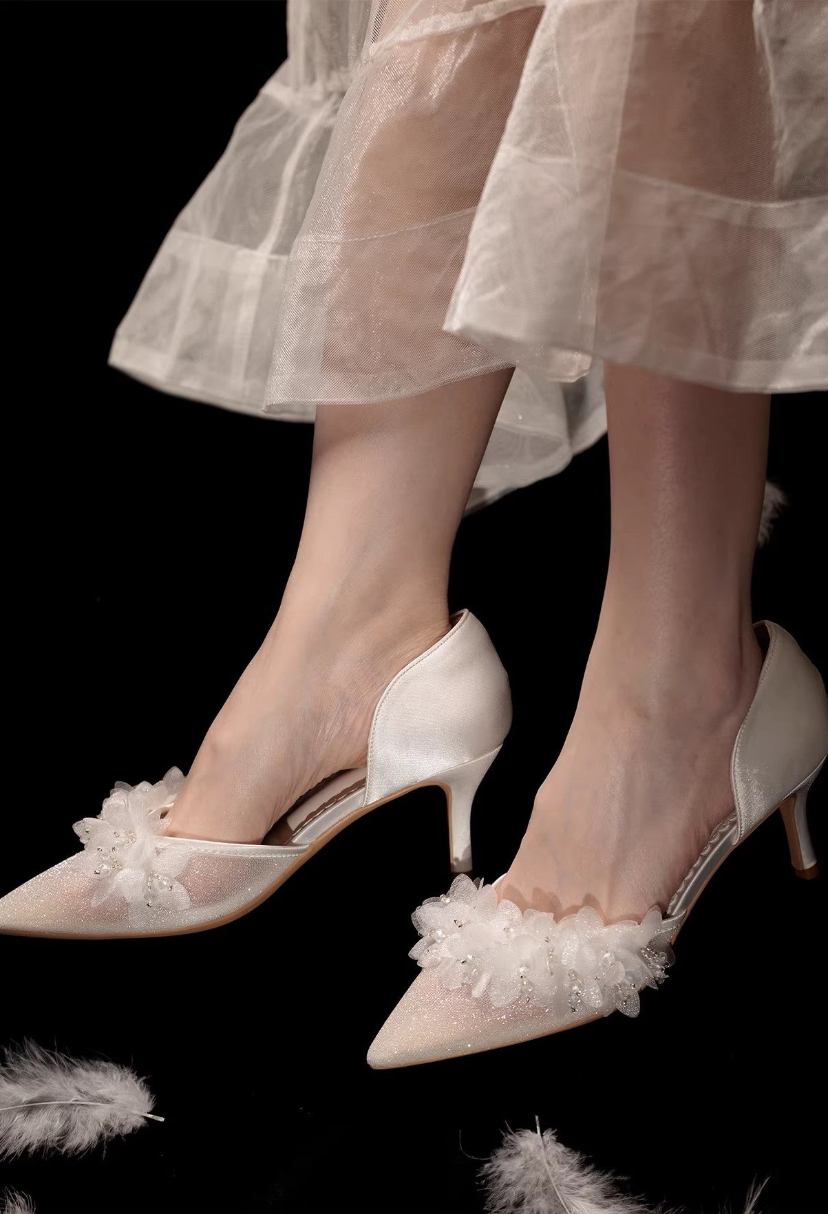 Dreamy Flower Embellished Shimmering Pointed Toe Heels