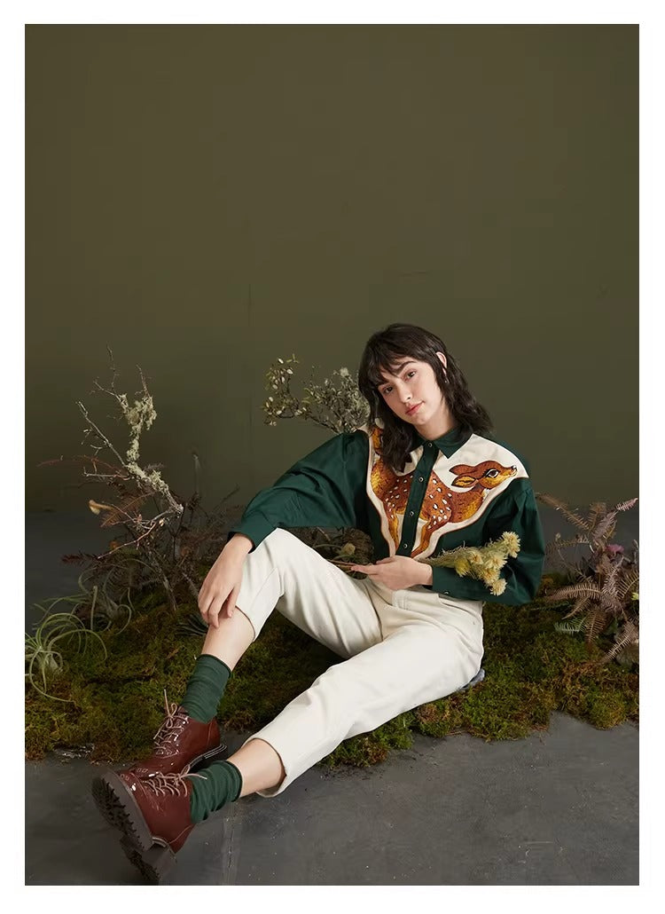 Retro Deer Embroidery Blouse Top