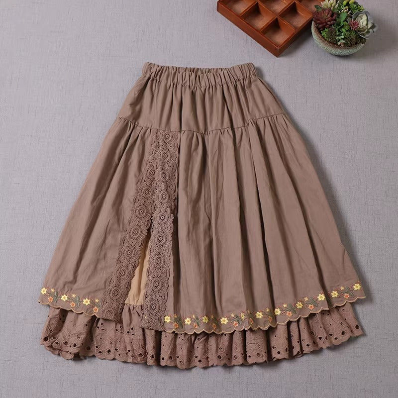 Cottagecore Embroidery Lace Trim Skirt