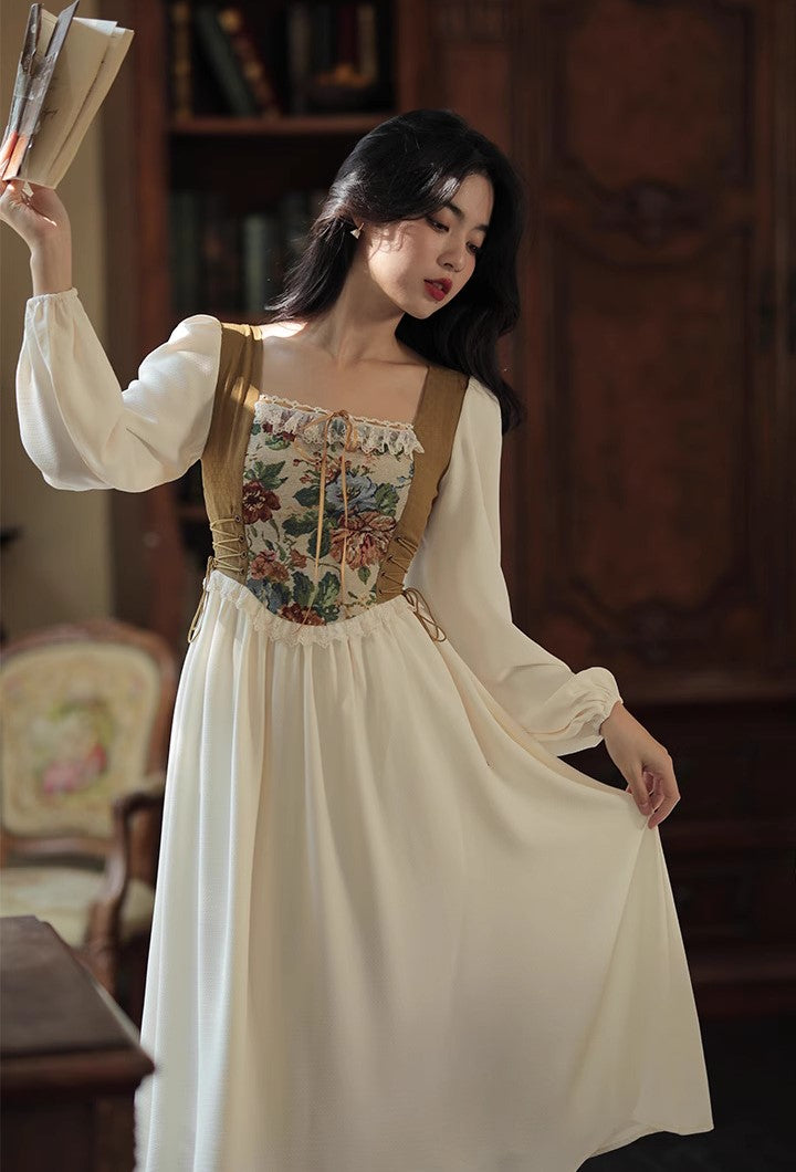 Hobbitcore Contrast Color Corset Dress