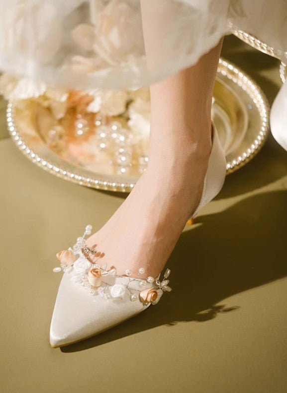 Vintage Flower Beaded Pointed Toe Stiletto Heels