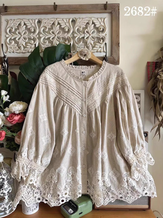 Cottagecore Linen Embroidery Blouse