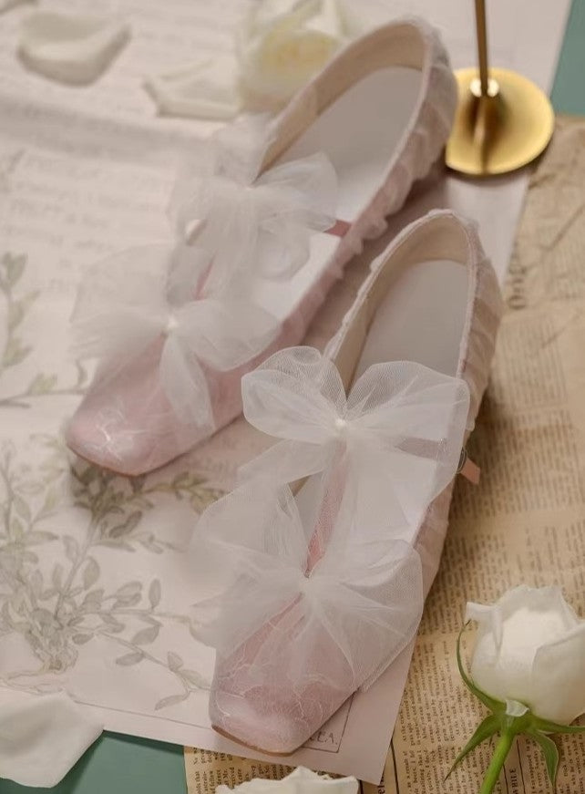 Retro Lace Mesh Bow Tie Low-Heel Shoes