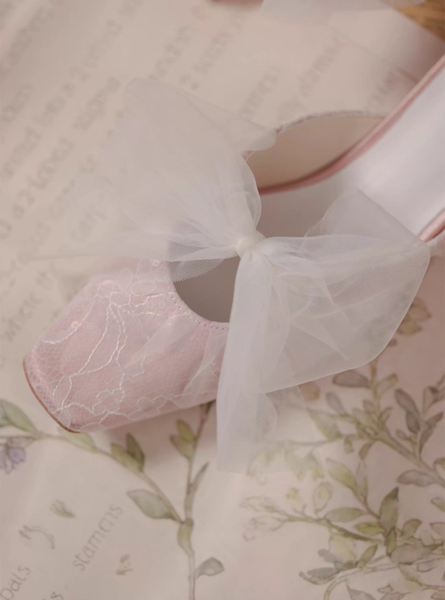 Lace mesh bow square-toe chunky heel Mules Slippers