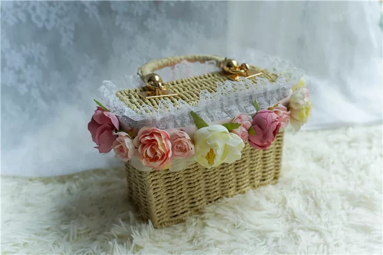 Handmade Cottagecore Floral Straw Bag