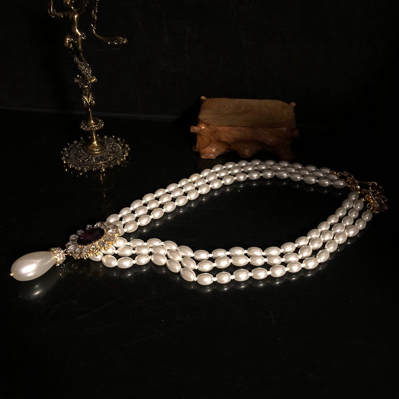 Vintage Remake Pearl necklace with gemstones earrings