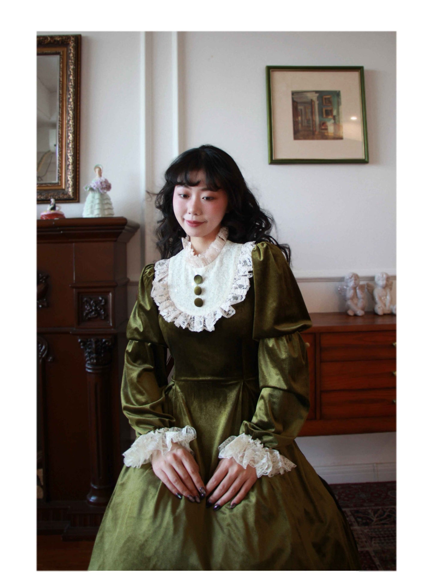 Vintage 30s Lace Stitched Velvet Dress