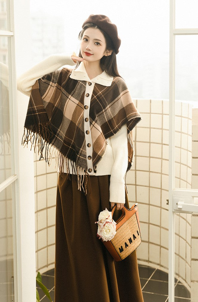 Retro Academia Plaid Cape Top & Skirt Set
