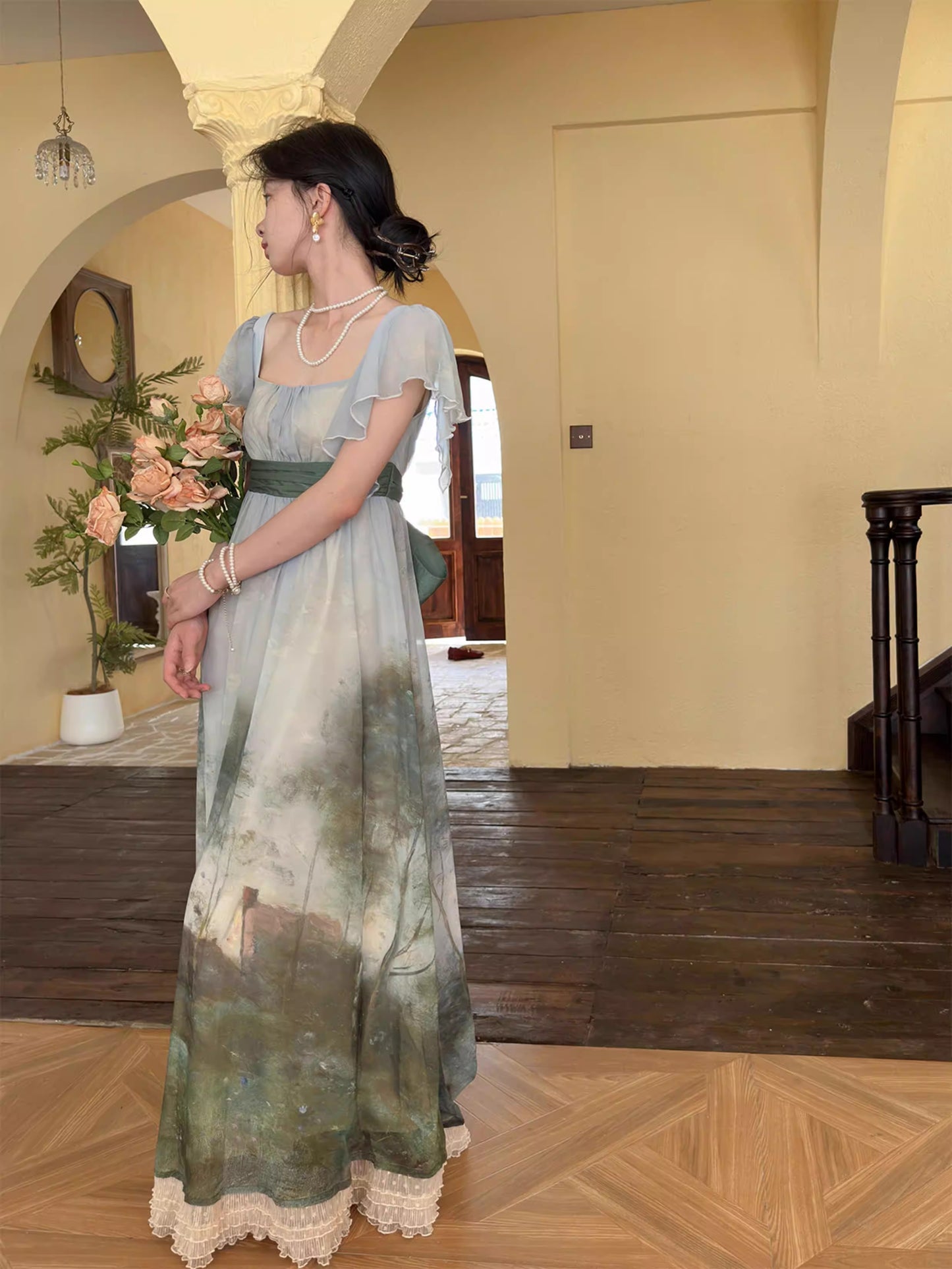 Regency Style Oil Painting Print Dress