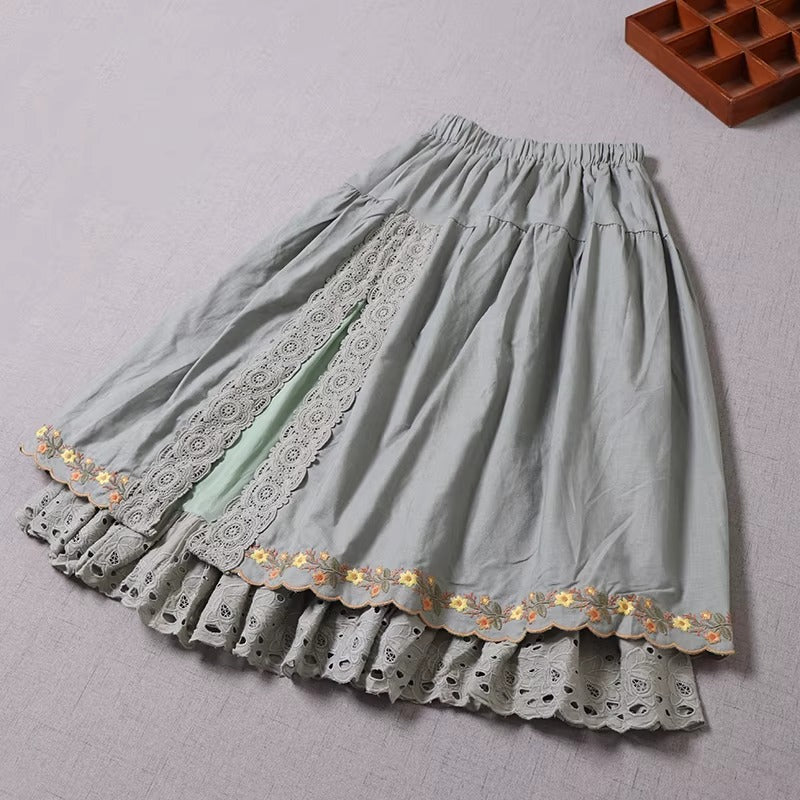 Cottagecore Embroidery Lace Trim Skirt