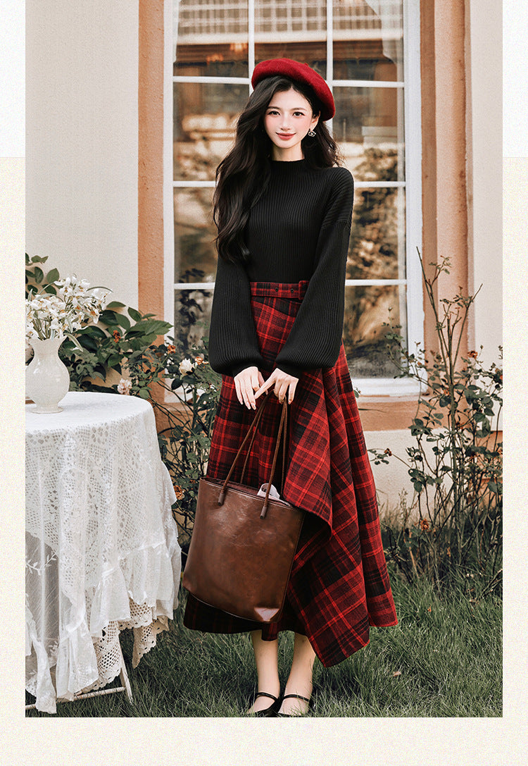 Dark Academia Knit top & Plaid Skirt Set