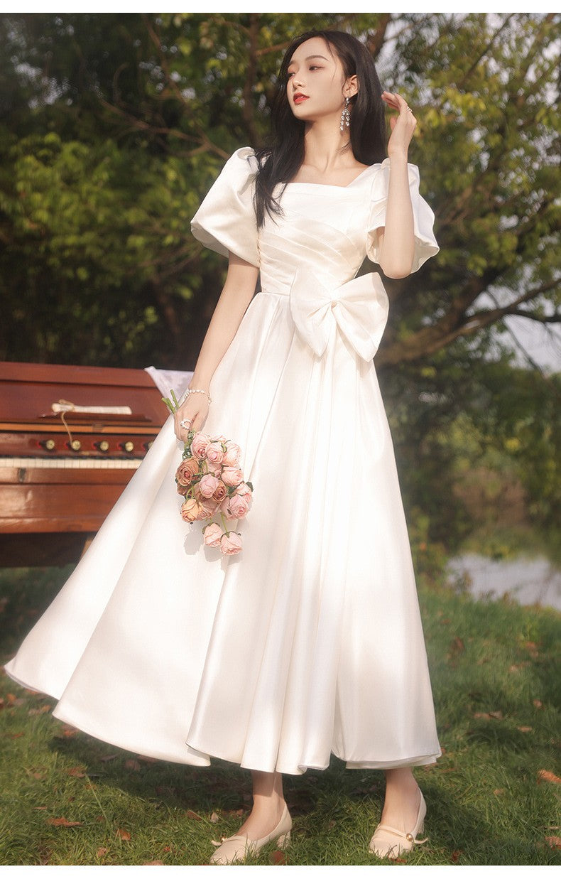 Retro Parisian Puff Sleeves Bow Tie Bridal Gown