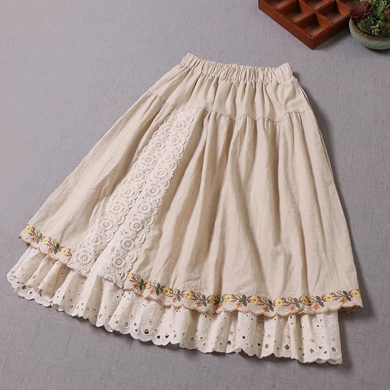 Cottagecore Embroidery Lace Trim Skirt