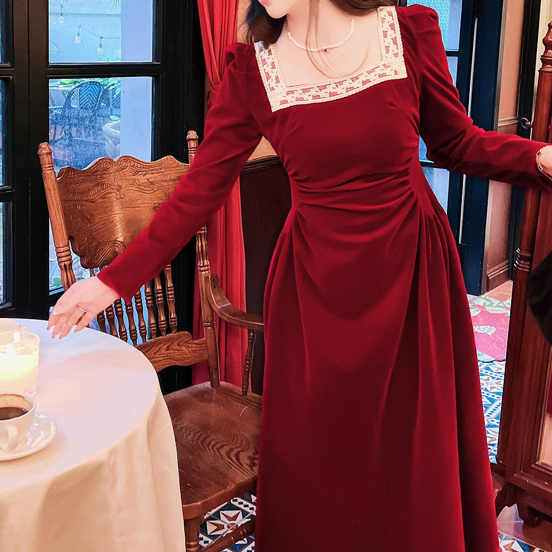 Royalcore Square Collar Velvet Dress （Extended Sizes）