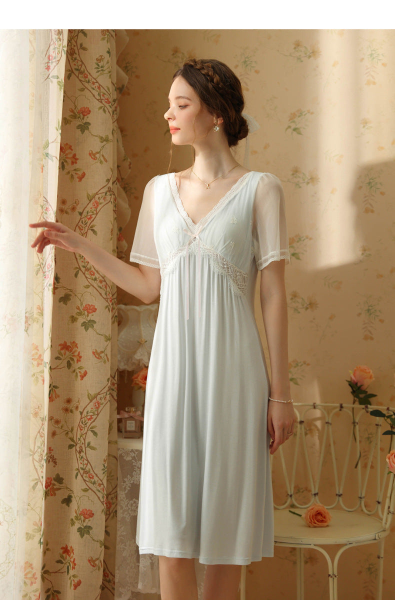 Retro V Neck Night Gowns Dress