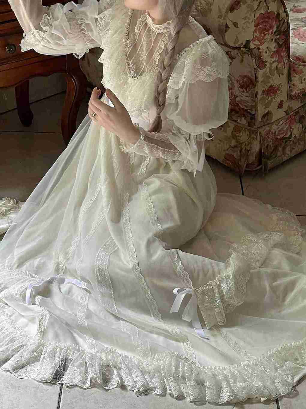 1900s Lace Panel Stand Collar Princess Dress Maxi / L I Retro Fairy 1900s Lace Panel Stand Collar Princess Dress Maxi / L I Retro Fairy