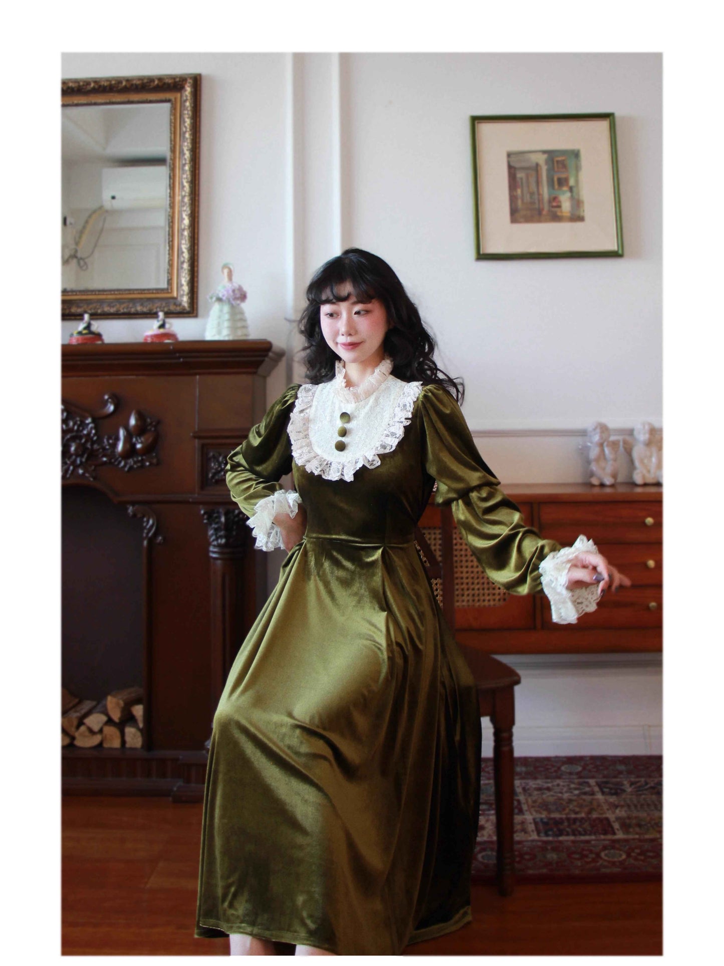 Vintage 30s Lace Stitched Velvet Dress