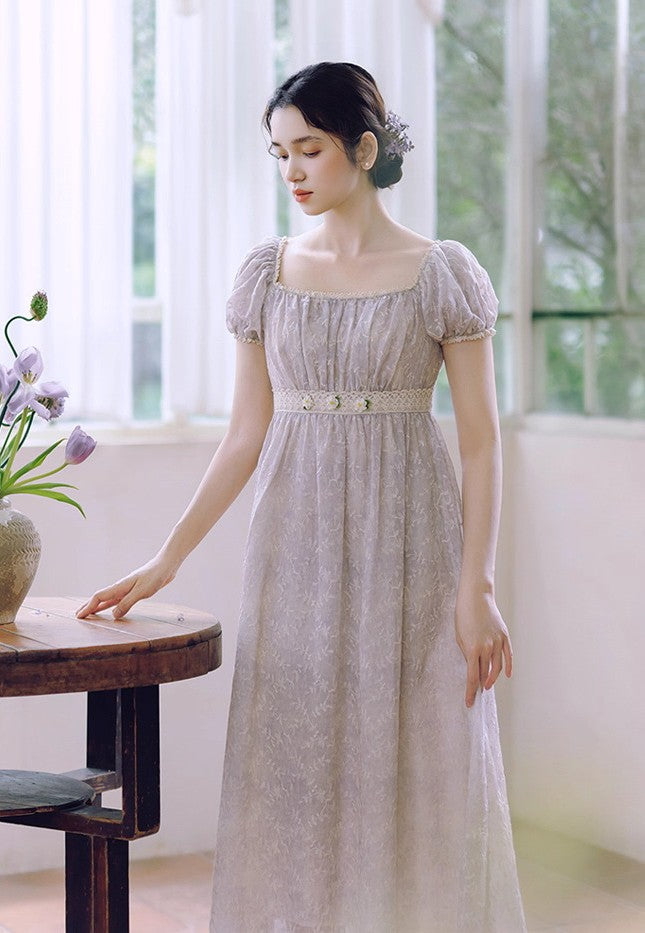 Regency Puff Sleeves Embroidery Dress