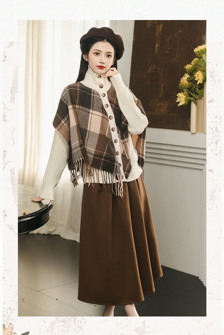 Retro Academia Plaid Cape Top & Skirt Set