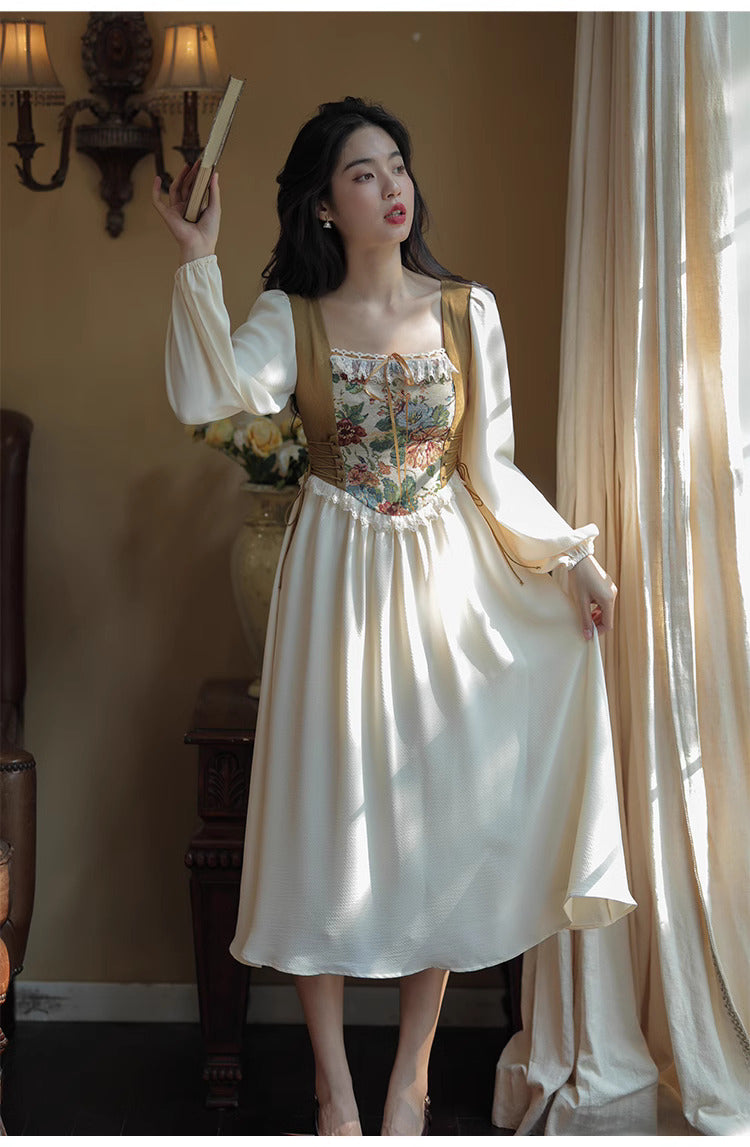 Hobbitcore Contrast Color Corset Dress