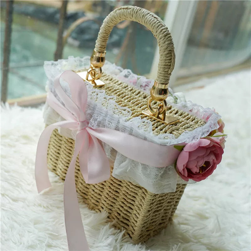 Handmade Cottagecore Floral Straw Bag