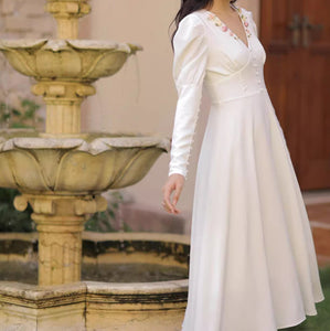 30S V Neck White Bridal Dress
