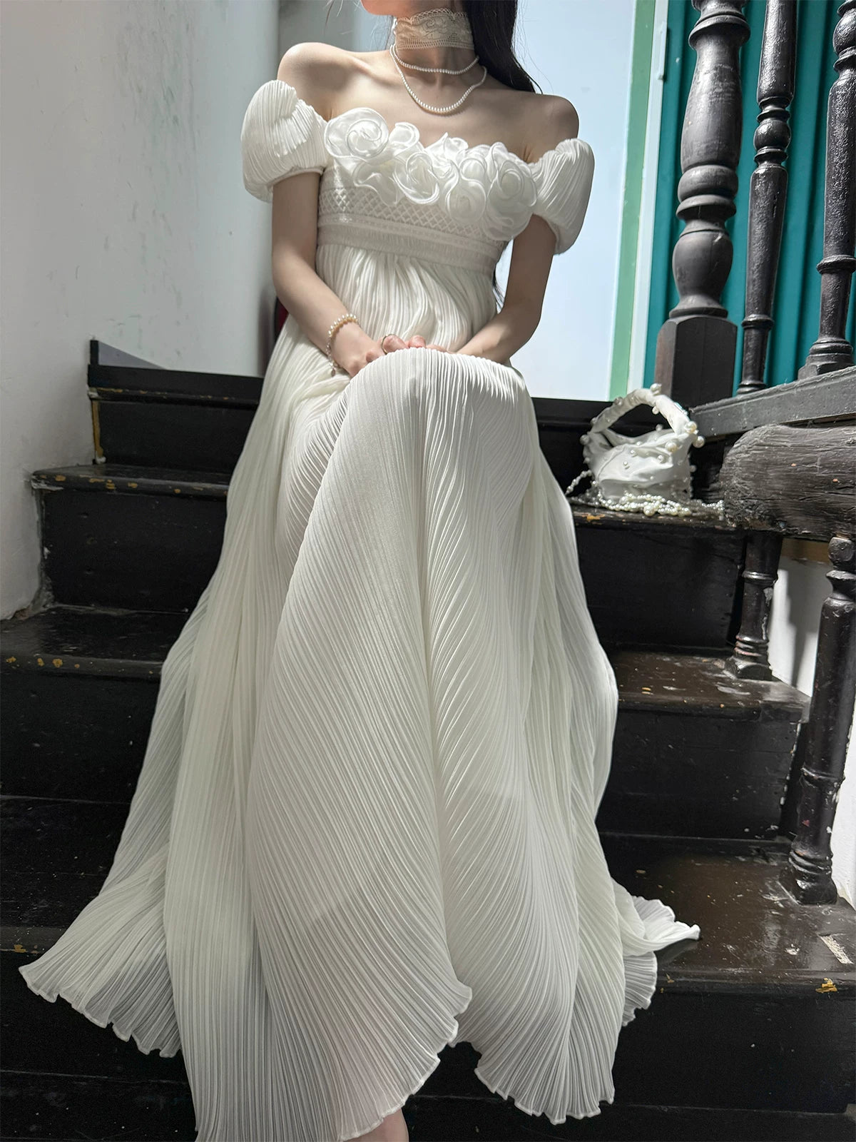 Regency Style Ruffled Pleated Dreamy Dress