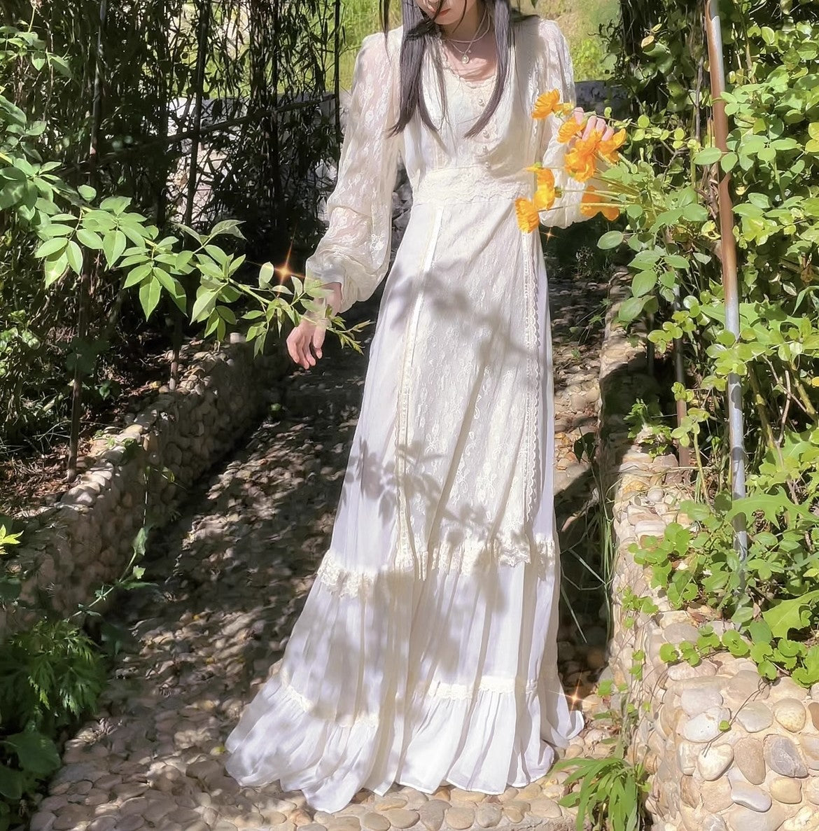 GUNNE SAX レース パフスリーブ ワンピース セーラー襟 USA製 Gunne Sax Remake Lace Prairie Puff Sleeves Dress – Retro Fairy
