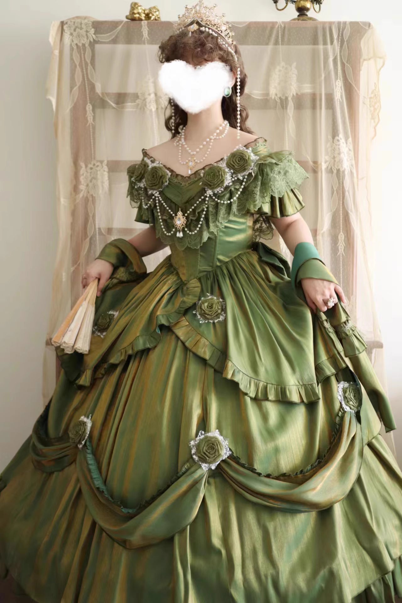 Vintage Coquette Princess Prom dress with Pearl Chain Velvet fabric - Green / Size XL I Retro Fairy Vintage Coquette Princess Prom dress with Pearl Chain Velvet fabric - Green / Size XL I Retro Fairy