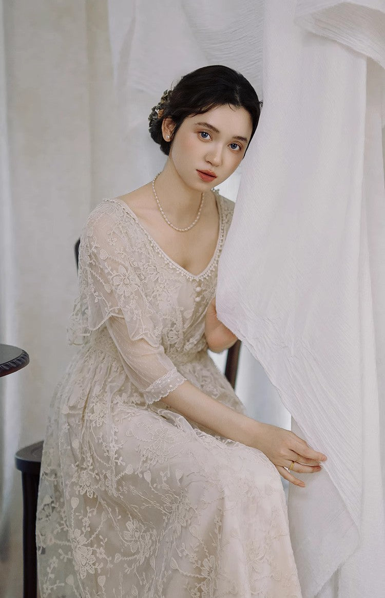 Downtown Abbey Style Embroidered Lace Cape Dress