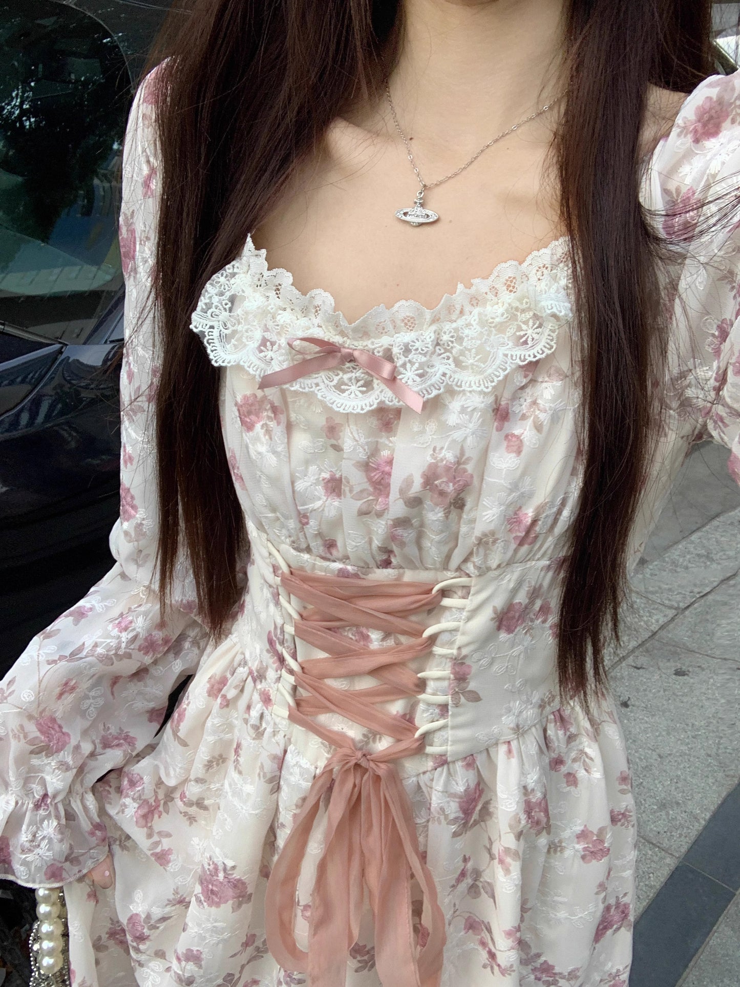 Fairycore Lace up Floral Dress [Extended Sizes]