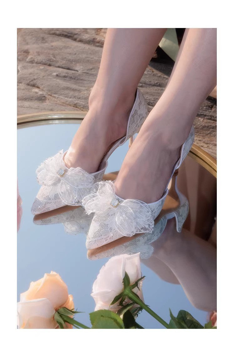 Dreamy Lace Bow Tie Pointed Toe Heels