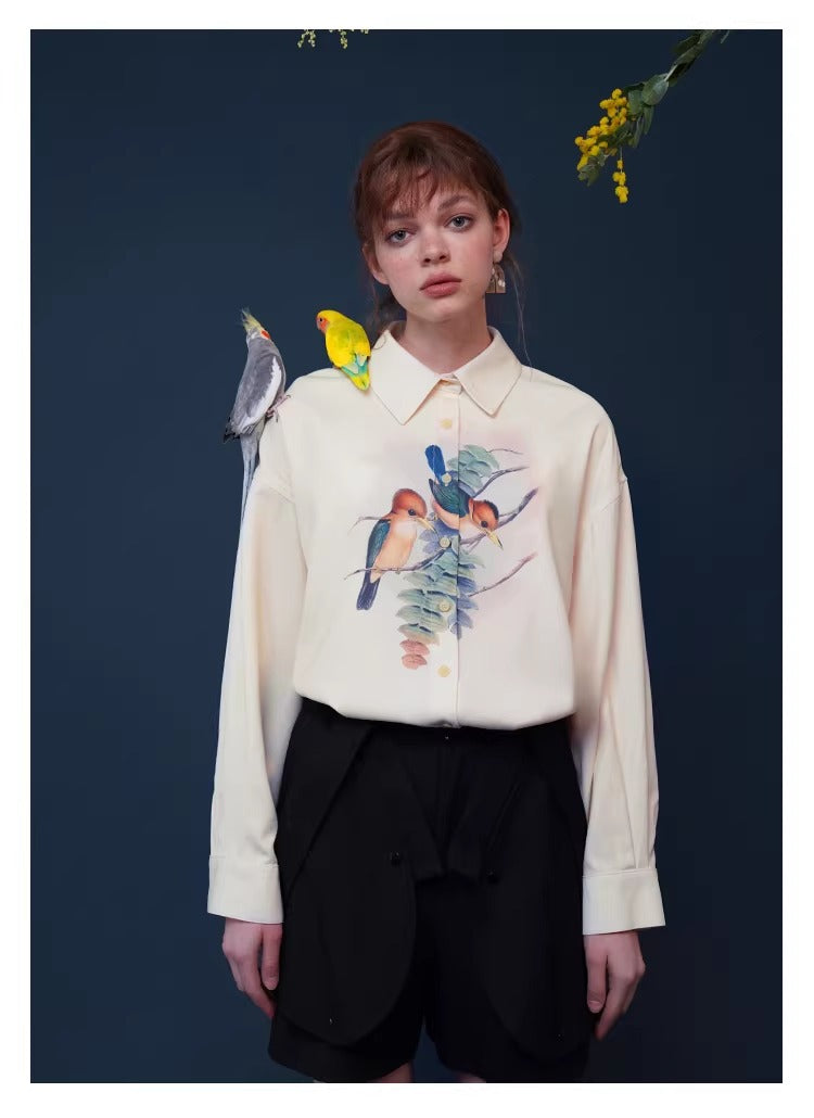 Retro Bird Print Oversize Shirt
