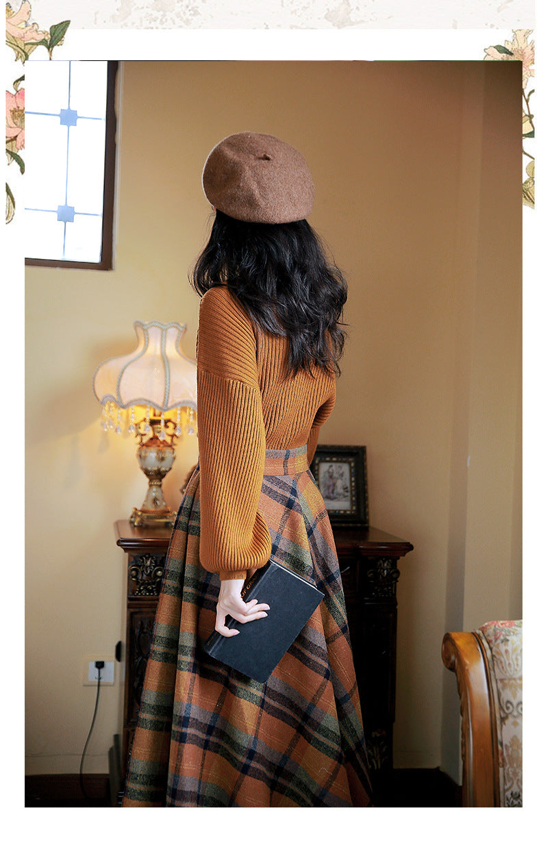 Retro Style Knit Top Plaid Skirt Set – Retro Fairy