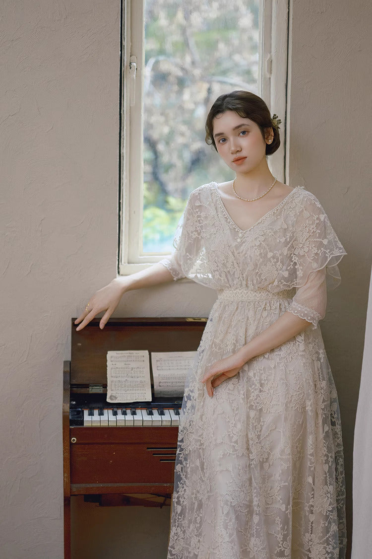 Downtown Abbey Style Embroidered Lace Cape Dress