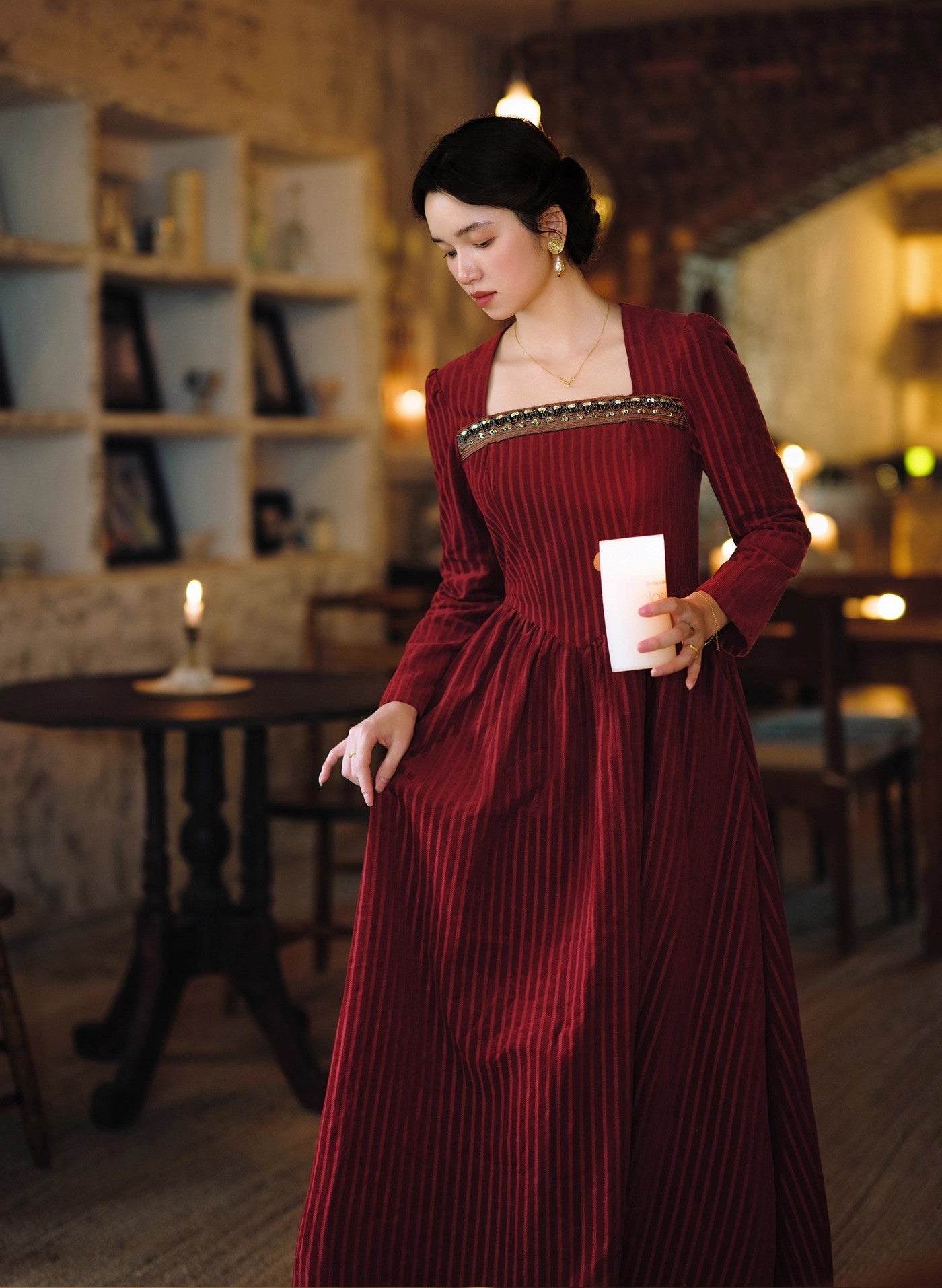 Retro Court Square neck beaded corduroy Dress