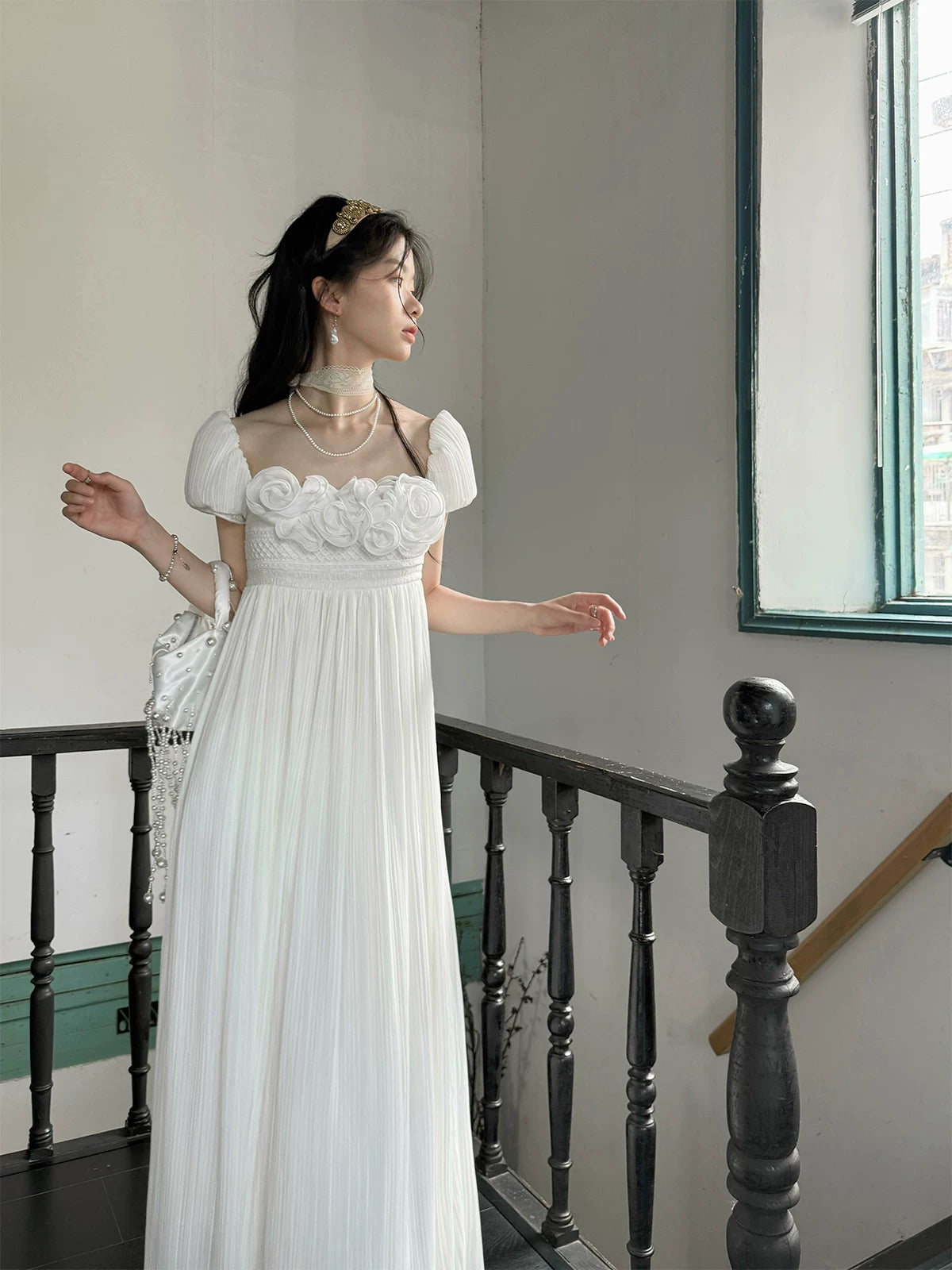 Regency Style Ruffled Pleated Dreamy Dress