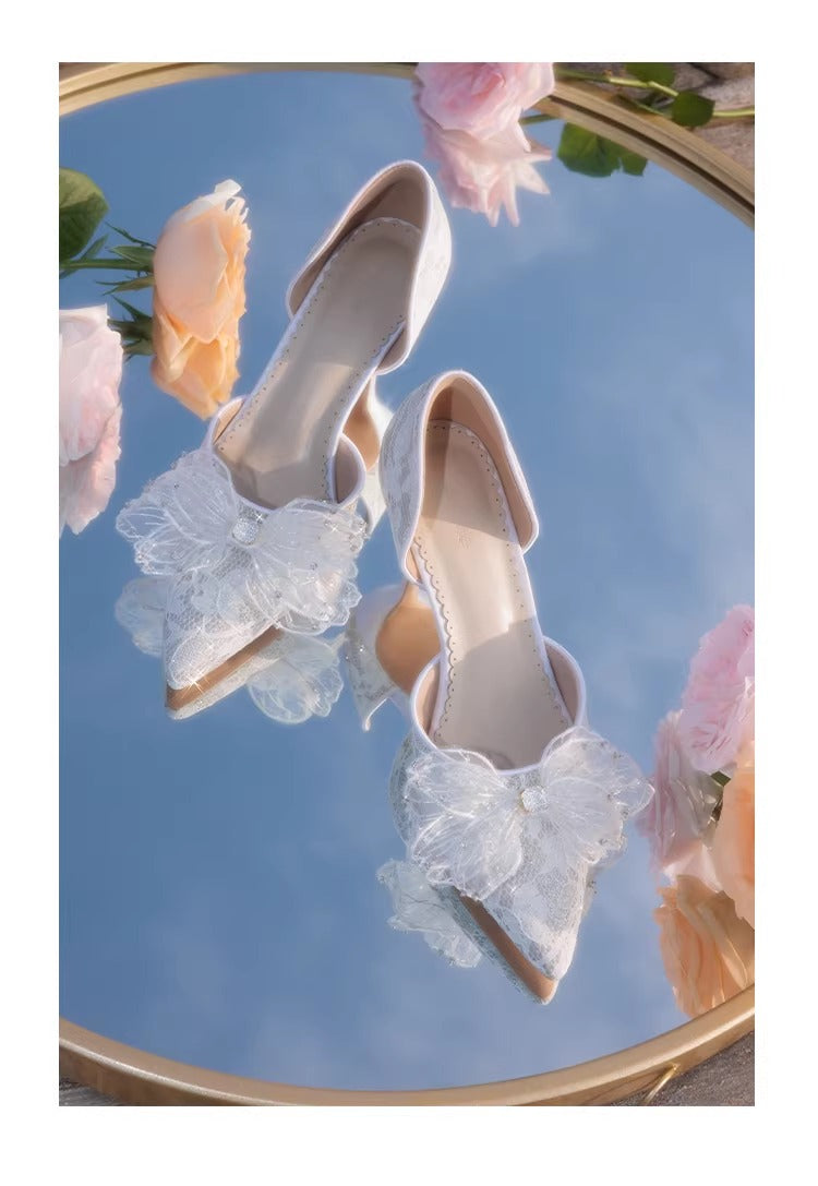 Dreamy Lace Bow Tie Pointed Toe Heels
