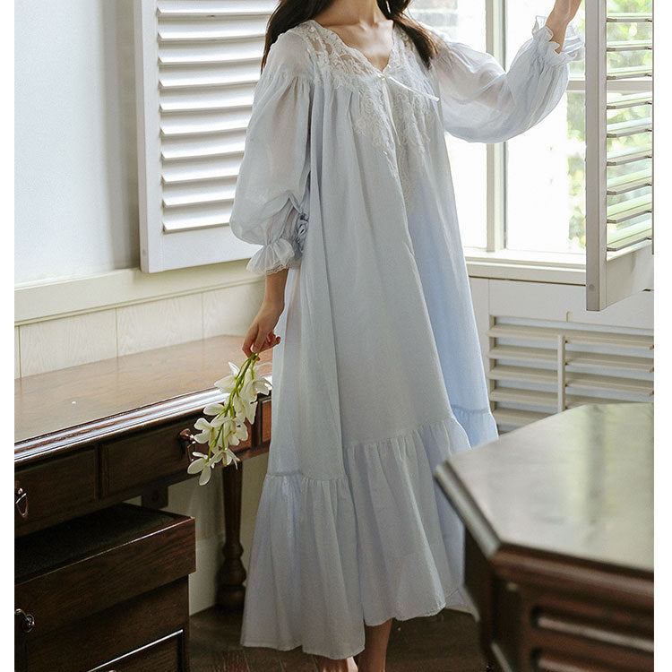Renaissance Blue Floral Cotton Gothic Victorian Dress for Women