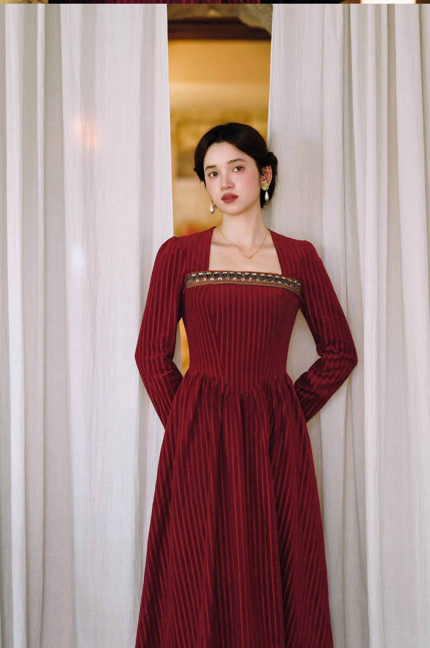 Retro Court Square neck beaded corduroy Dress