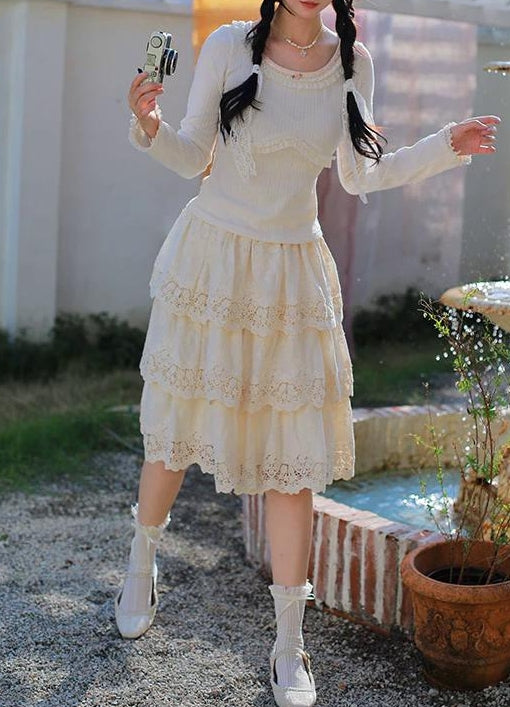 Vintage Knit top Lace Cake Skirt Set