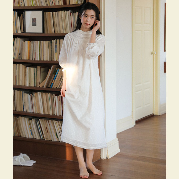 Retro Cotton Jacquard Long Sleeves Night Gown