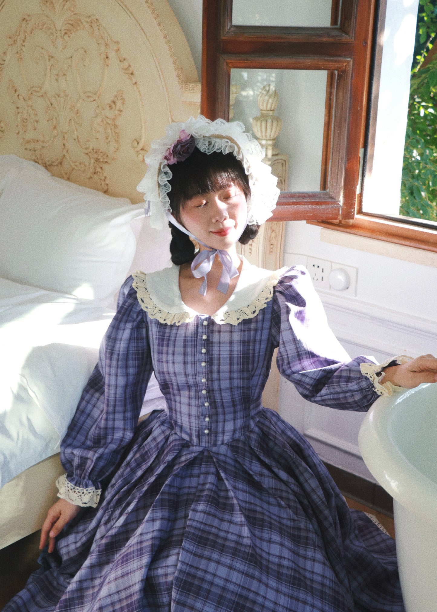 1970s Tartan Puff Sleeves Picnic Dress （Customizable）