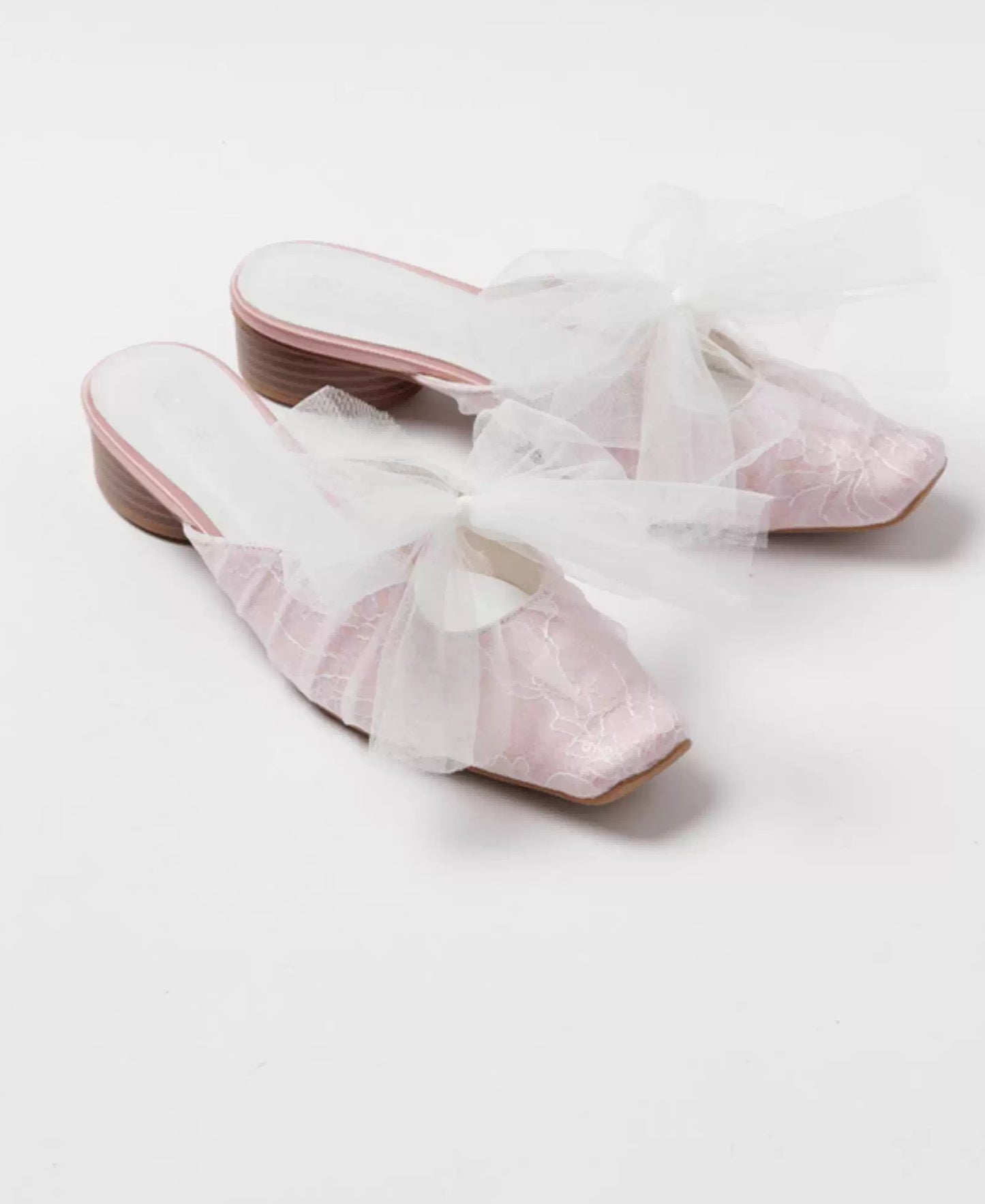 Lace mesh bow square-toe chunky heel Mules Slippers