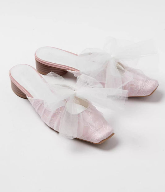 Lace mesh bow square-toe chunky heel Mules Slippers