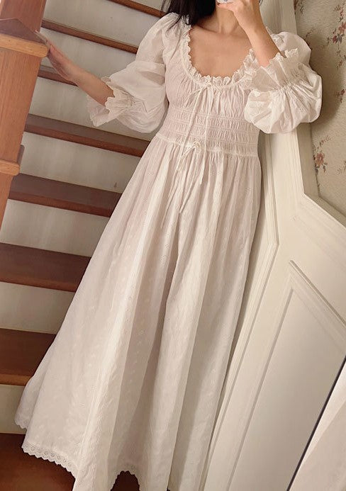 Vintage Puff Sleeves Cotton Night Gown Dress L