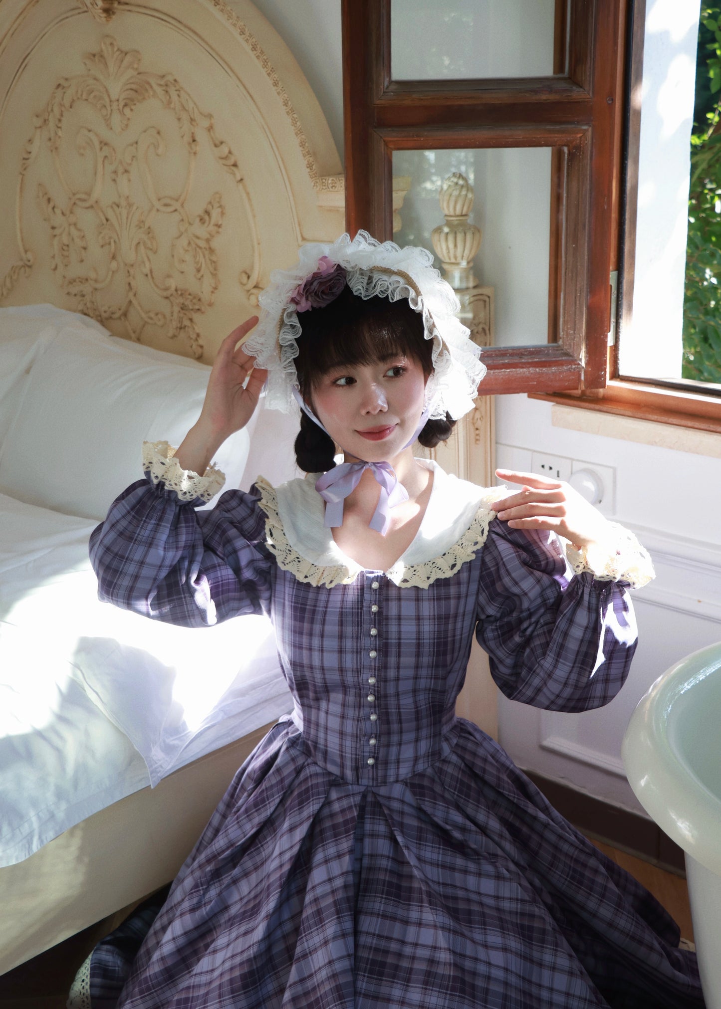 1970s Tartan Puff Sleeves Picnic Dress （Customizable）