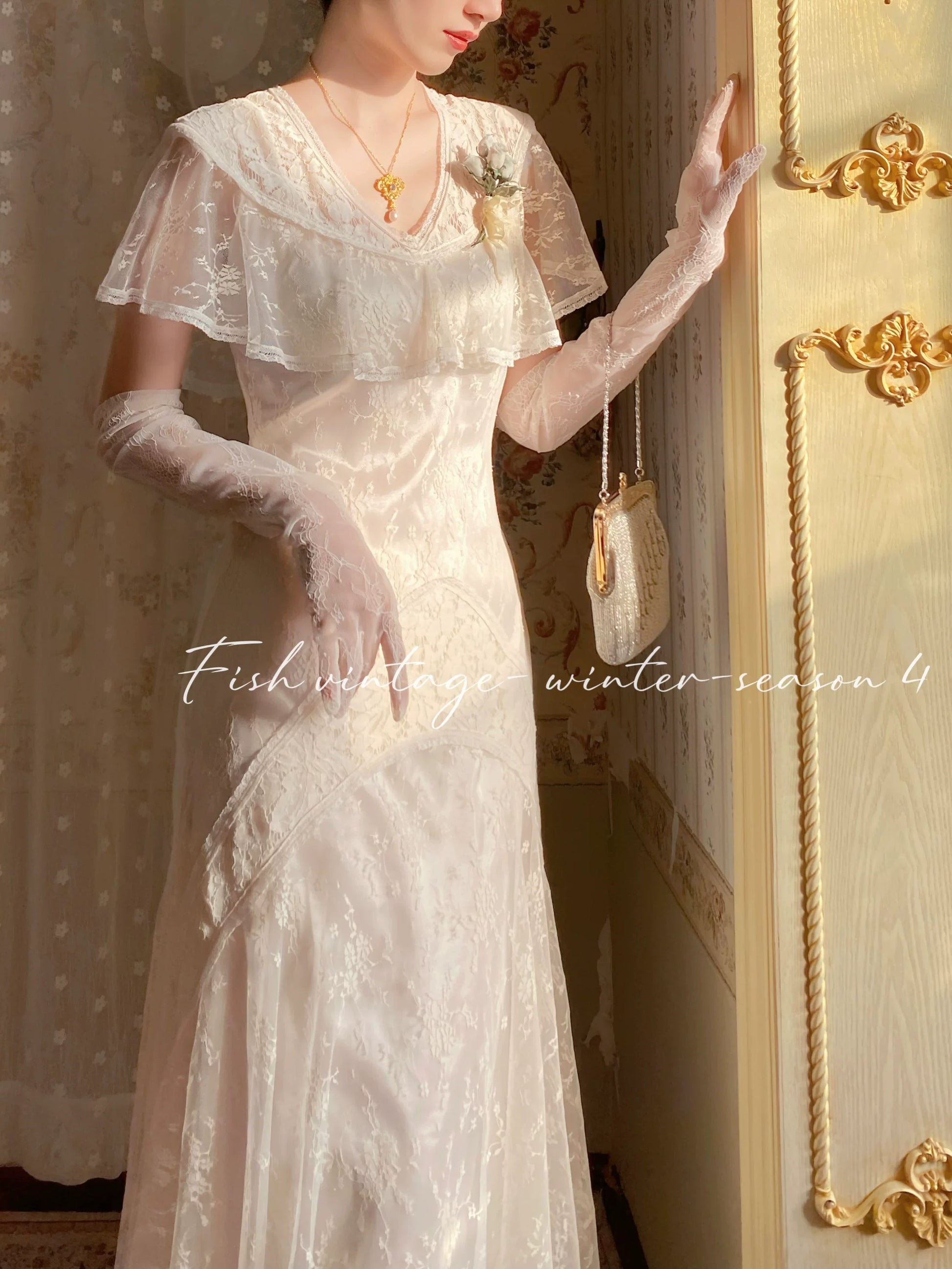 1920S Gatsby Style Lace Cape Dress