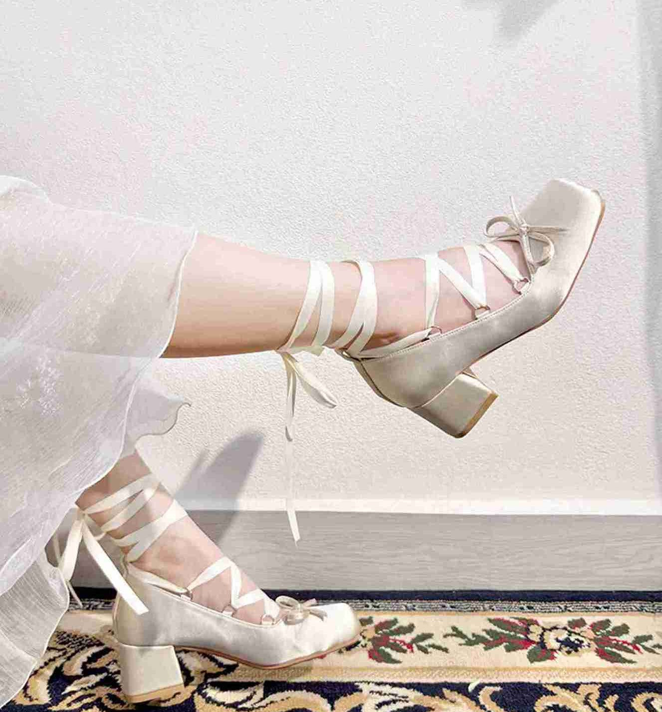 Retro Balletcore Lace up Chunky Heels