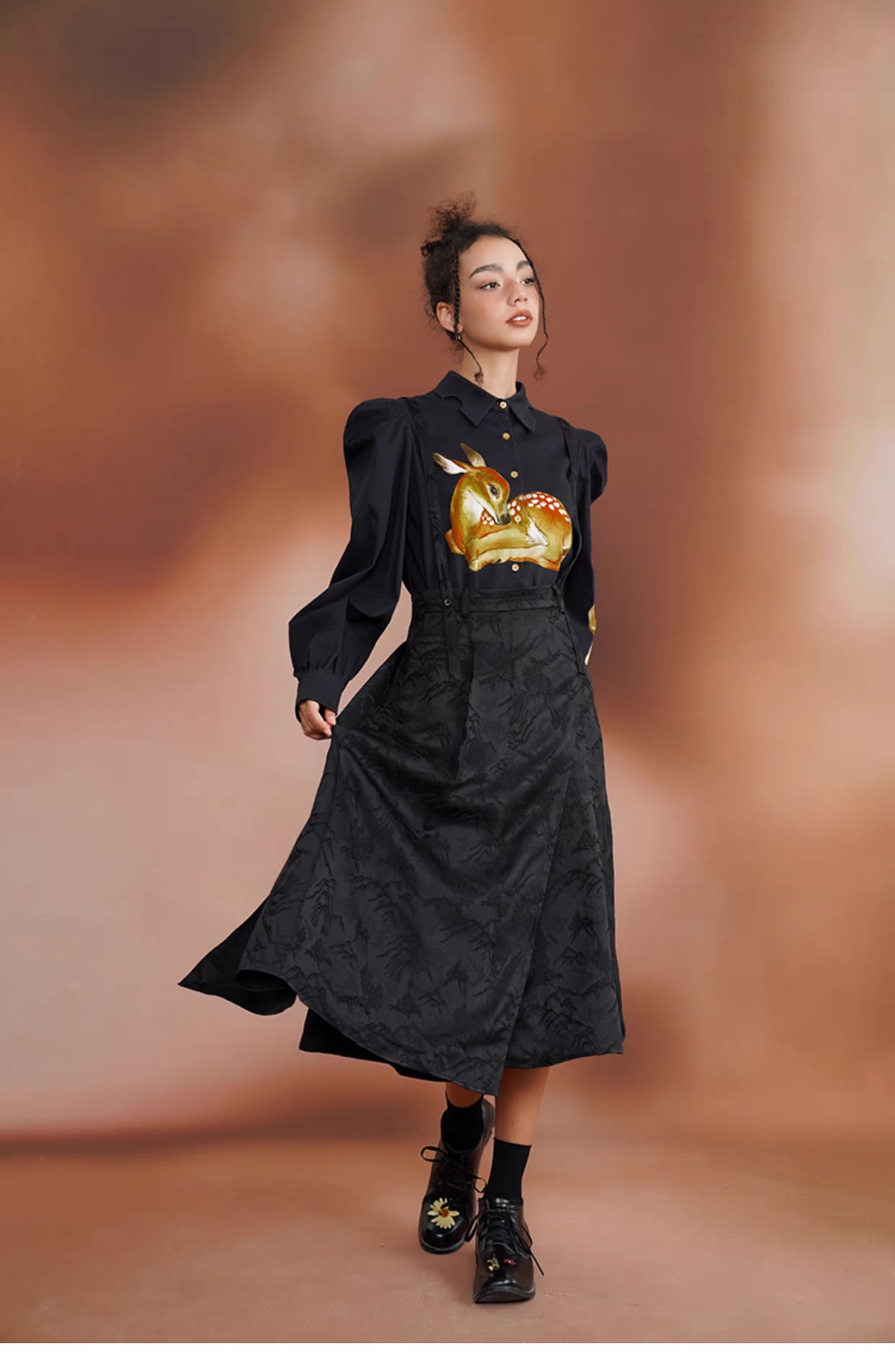 Deer Print Puff Sleeves Blouse Top